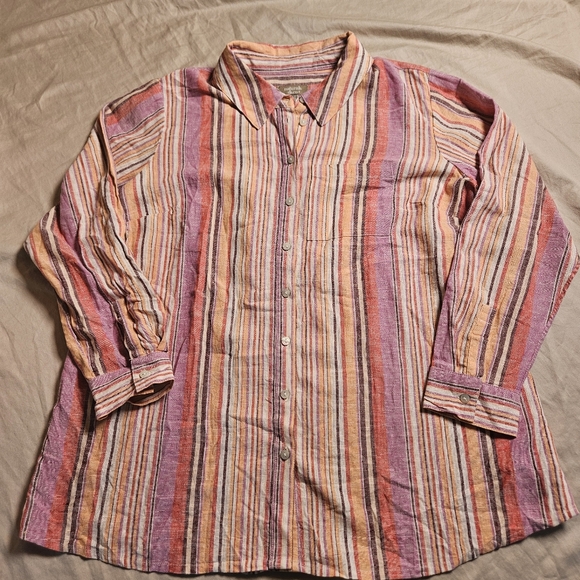 Naturals D&Co. Women's LP Linen Blend Striped Button-Down Multi-Color Top - Picture 2 of 10